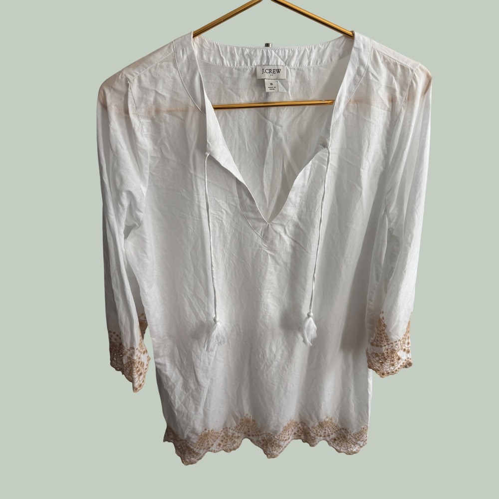 J.Crew White Cotton Eyelet Embroidered Tassel Tunic Top Small‎